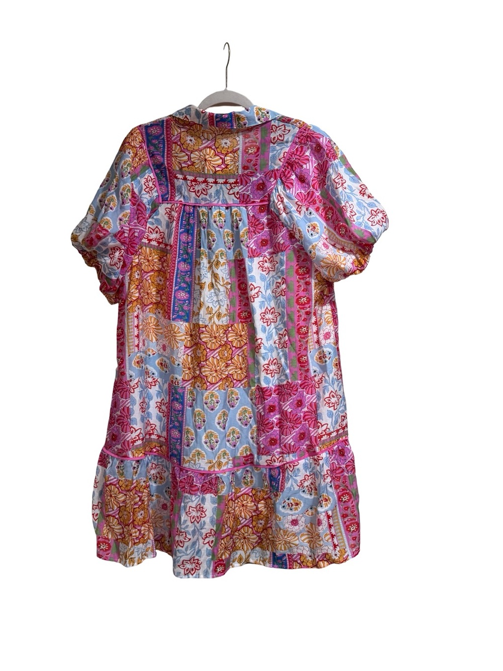 ☀️Umgee Patchwork Print Smocked Mini Dress Collared Split V-Neck Size Large Boho - Picture 5 of 11